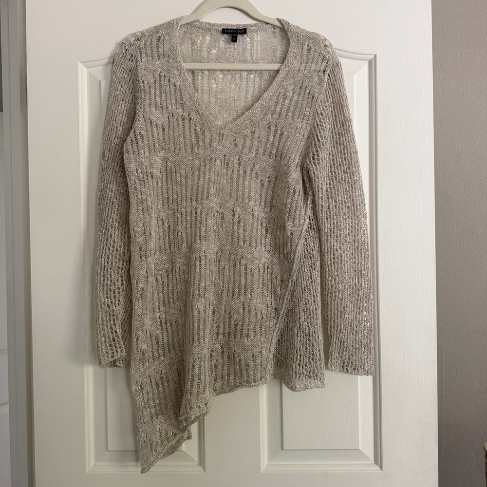 Eileen Fisher Open Knit Sweater Beige Lightweight Pullover Size M
